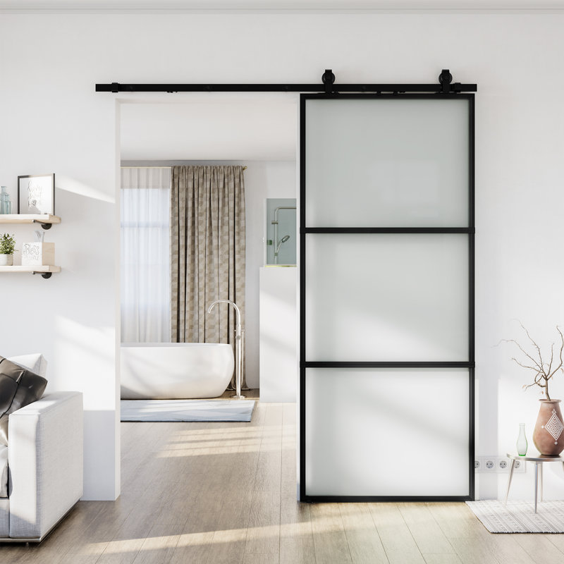 Porte de grange coulissante en métal et en verre givré 36 po x 84 po avec quincaillerie d'installation (fermeture en douceur incluse)