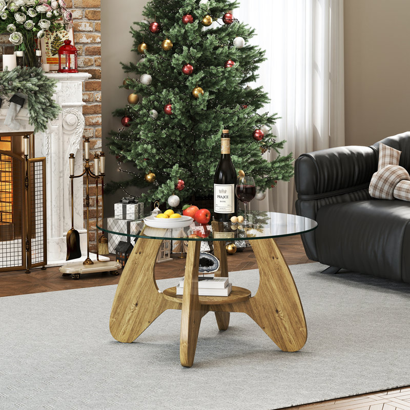 Table basse en verre 31,5 po pour le salon, table d'appoint en bois à 2 niveaux avec rangement ouvert, Chêne