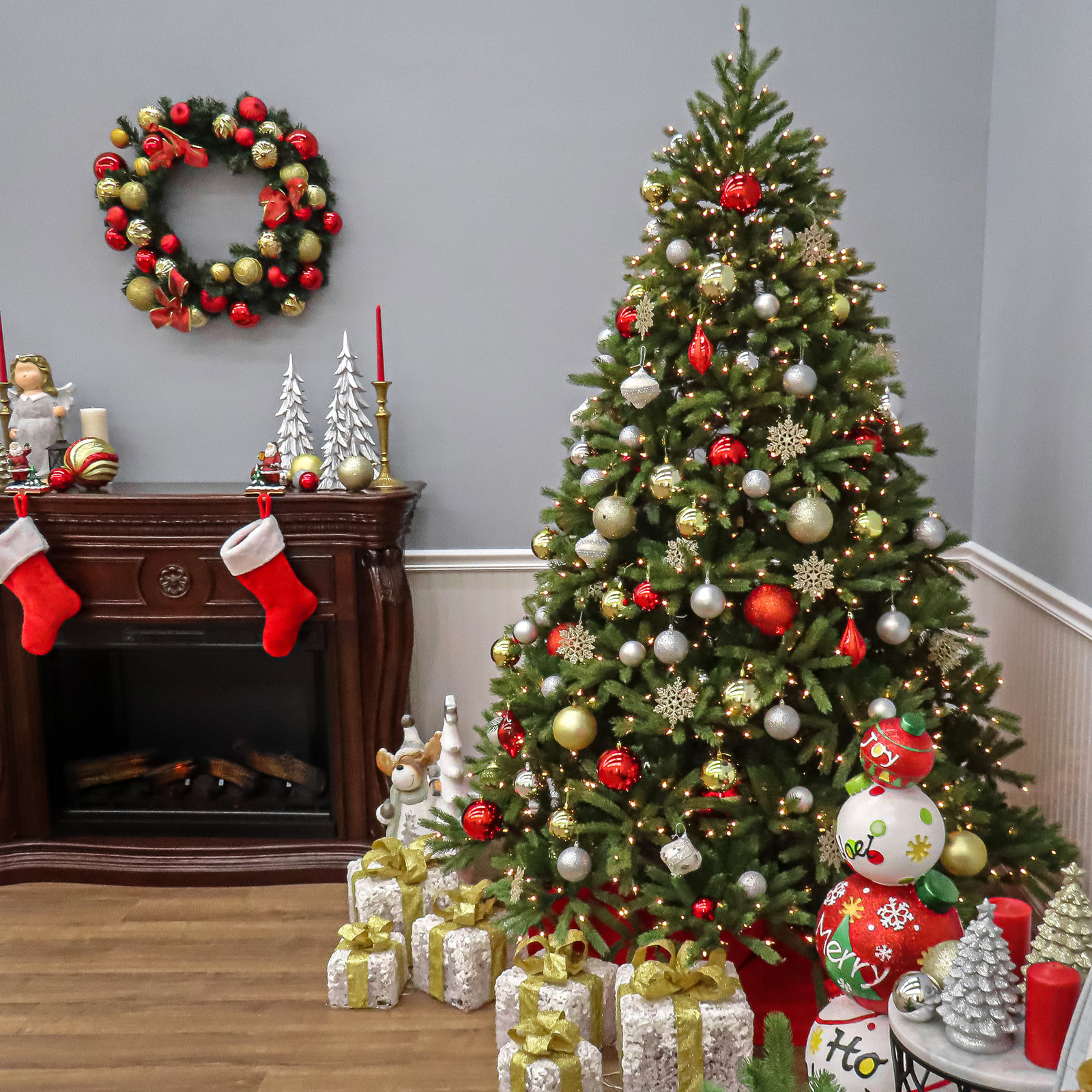 Omnia Green Realistic Fir Christmas Tree with LED Lights, 7.5'