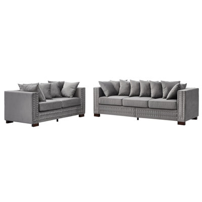 Canapé en velours gris moderne à 2 + 3 places avec accoudoirs carrés et décoration à clous argentés, sièges à ressorts ensachés confortables, housses de coussin lavables, fonction de rangement, clous à 5 assises,