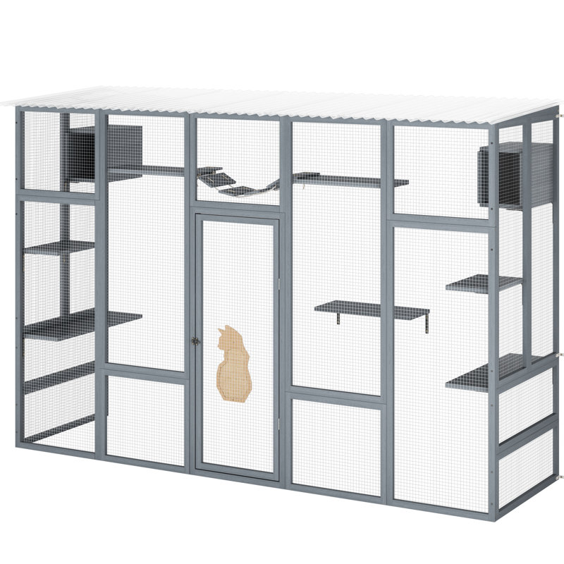 Enclos pour chat gris en bois avec 6 plateformes de saut, 2 condos, pont et grattoir
