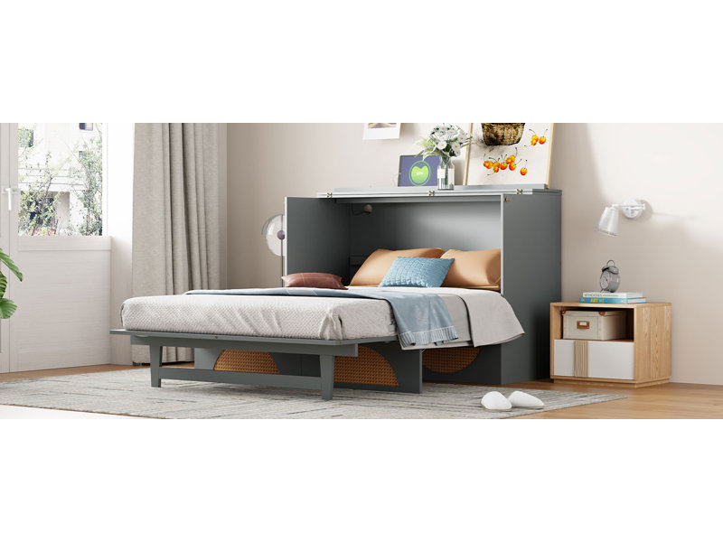 Lit escamotable avec grand tiroir, ports USB et prises USB, Gris, Double