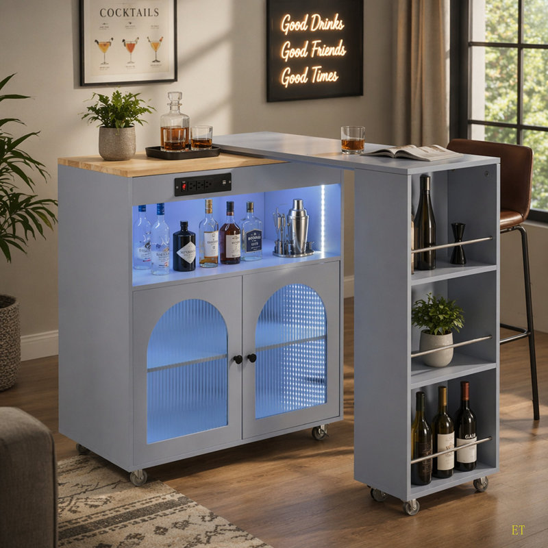 Rolling Kitchen Island With Extended Table, Kitchen Island on Wheels with LED Lights,Power Outlets and 2 Fluted Glass Doors, Kitchen Island with a Storage Compartment and Side 3 Open Shelves
