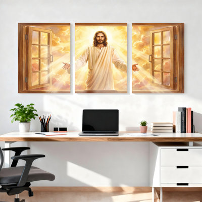 Jésus-Christ fenêtre vue sur toile tendue, reproduction d'art sur toile, ensemble de 3 pour le salon chambre à coucher, décoration d'églises