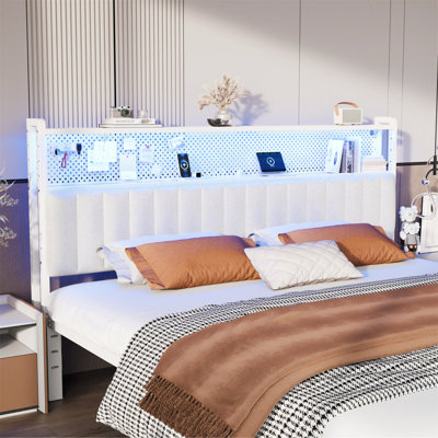 King Size Headboard, Adjustable Upholstered Headboard With 2 Tier Shelves And Pegboard With Charging Stations And LED Lights, Modern Bed Headboard With Storage Linen And White