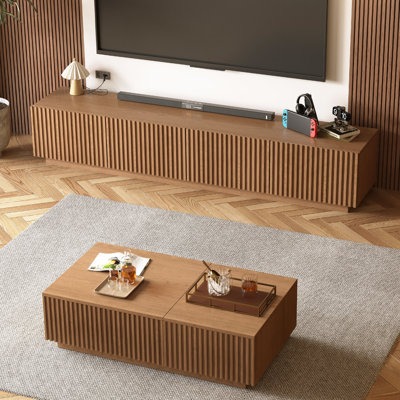 Ensemble de salon moderne cannelé 2 pièces: console multimédia de 86,6 po (pour téléviseurs de 90 po) et table basse à plateau relevable
