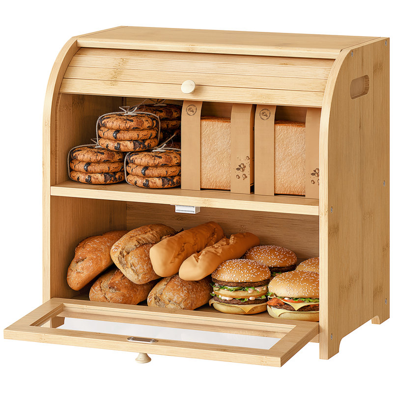 Bread Box, Bamboo Bread Box For Kitchen Countertop, 2 Tier Roll-top Bread Bin, Food Storage Box