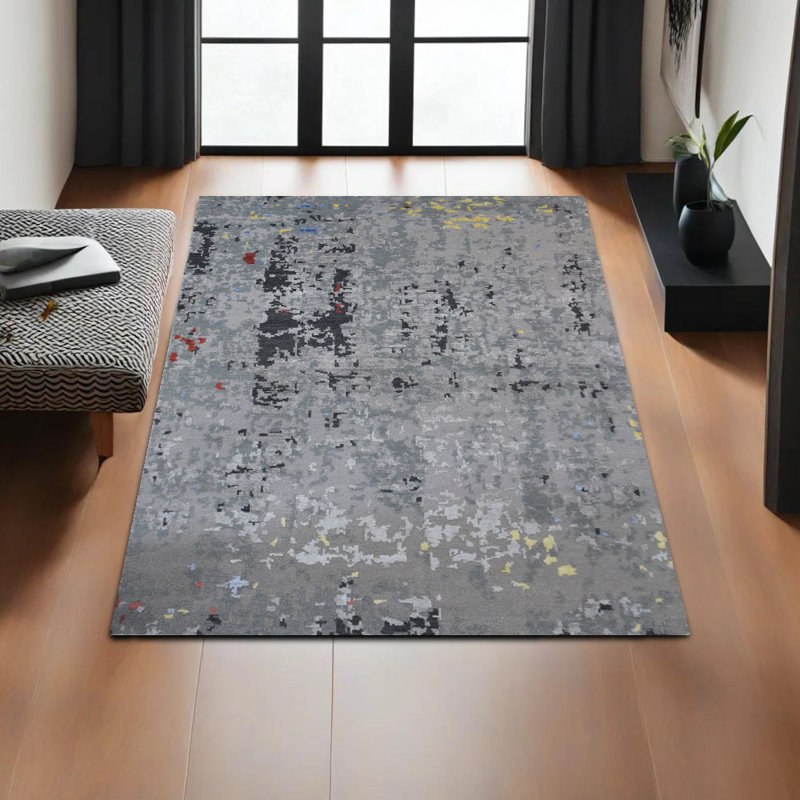 Hand Knotted Premium Quality Abstract Gray Color, Silk and Wool Area Rugs, Rectangle 6' x 9'