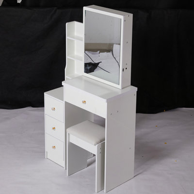 Vanity Desk, 29.2" Small Size Left Bedside Cabinet Vanity Table , Cushioned Stool, Large Sliding, Touch Control, Tri-Color Switching, Brightness Adjust LED Mirror, High Capacity Storage, Suitable For Small Space