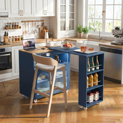 Îlot de cuisine bleu marine roulant avec table allongée, lumières DEL, prises de courant et 2 portes en verre cannelé