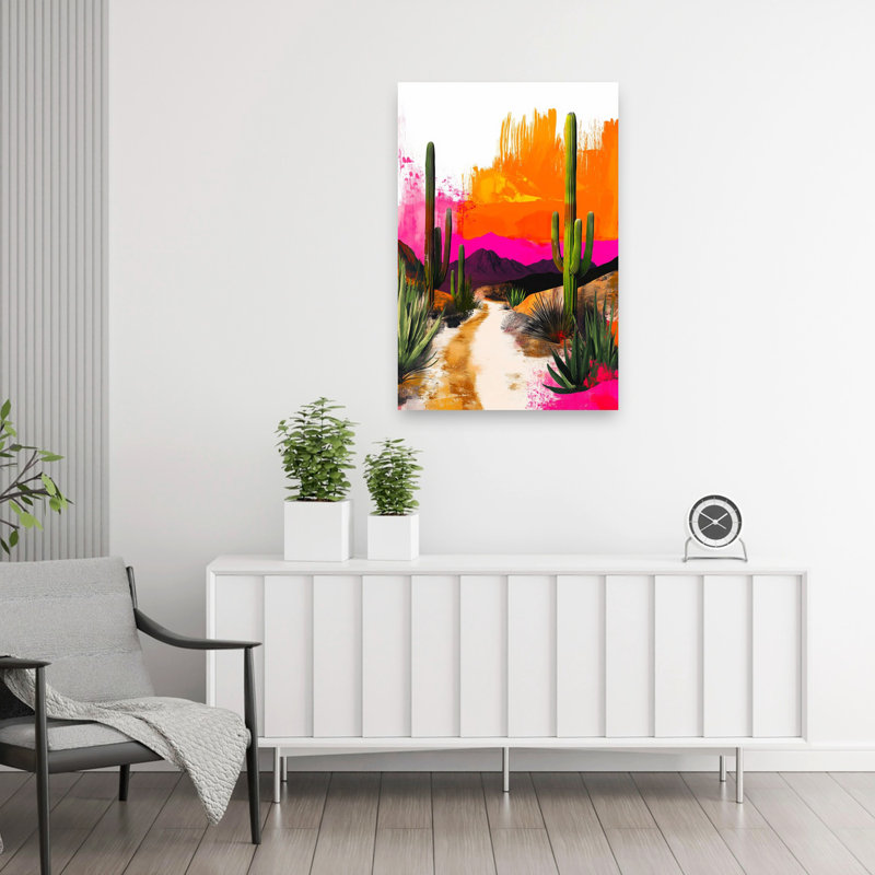 Mexican Life Mexican Desert 4 Colorful Vibrant Abstract Cactus City Landscape Wall Art Print 1 Piece Wrapped Canvas Wall Art