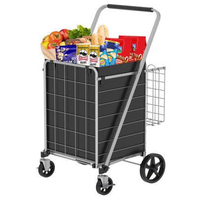 Large Shopping Cart with Brake,Grocery Cart on Wheels, Foldable Utility Shopping Carts with Double Basket and 360° Rolling Swivel Wheels for Groceries