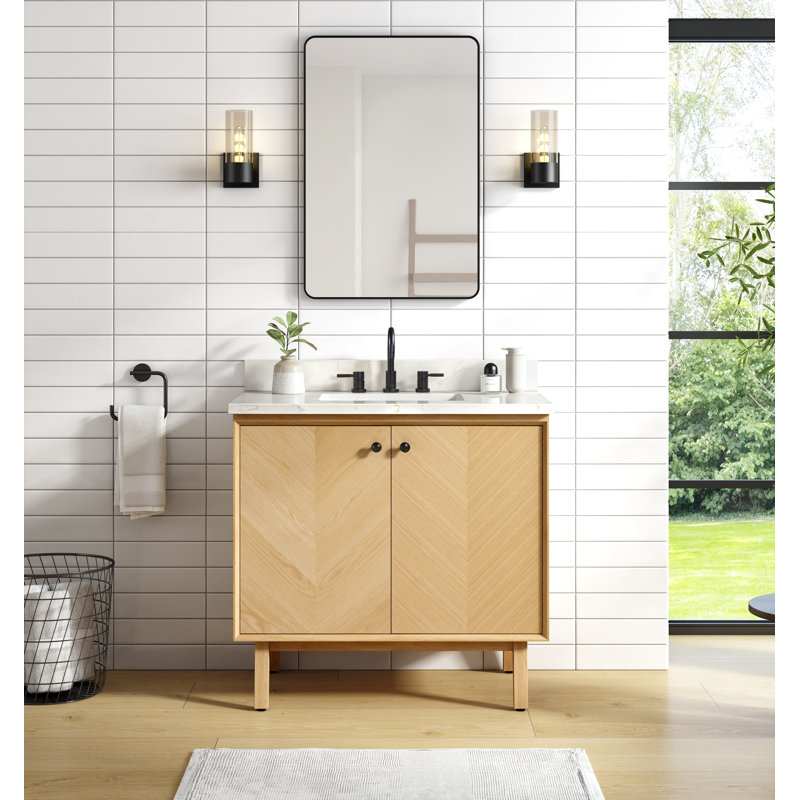 Adele 36'' Free Standing Single Bathroom Vanity with Quartz Top, Black, Natural