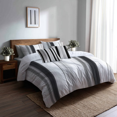 Striped 5 Pcs Bedding Set - Modern Black And Gray Ash Stripes Duvet Cover And Throw Pillow Set