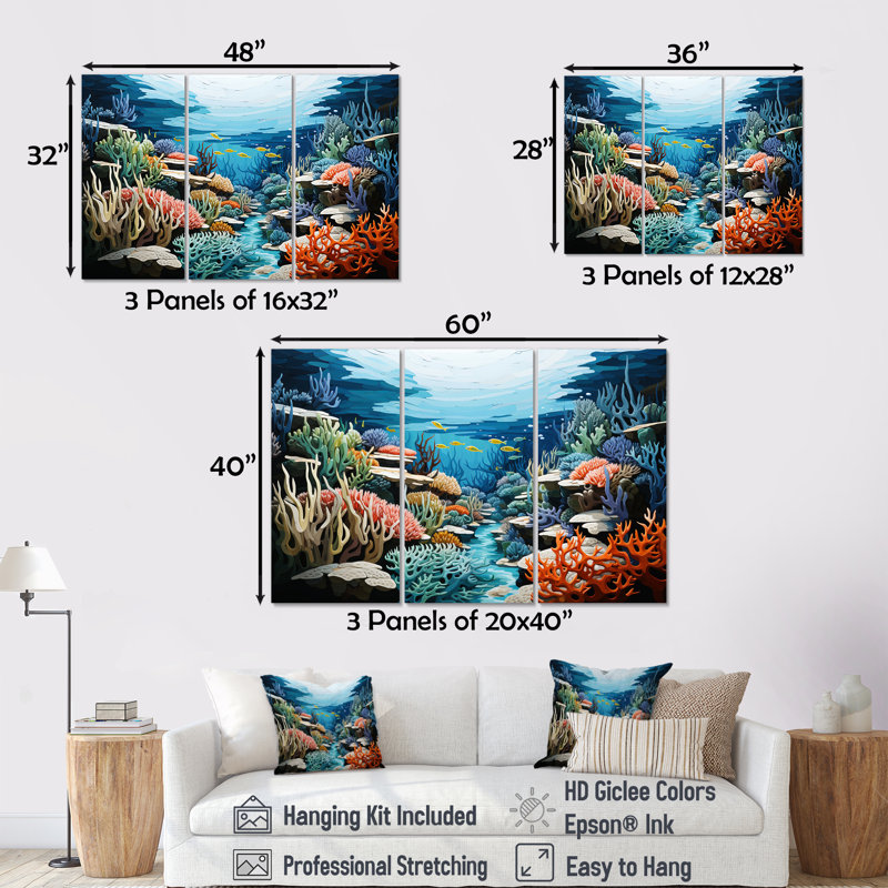 Ensemble de salon sous-marin, sous-marin, corail sous-marin, Toile tendue, H 40 po x l 60 po x P 1 po
