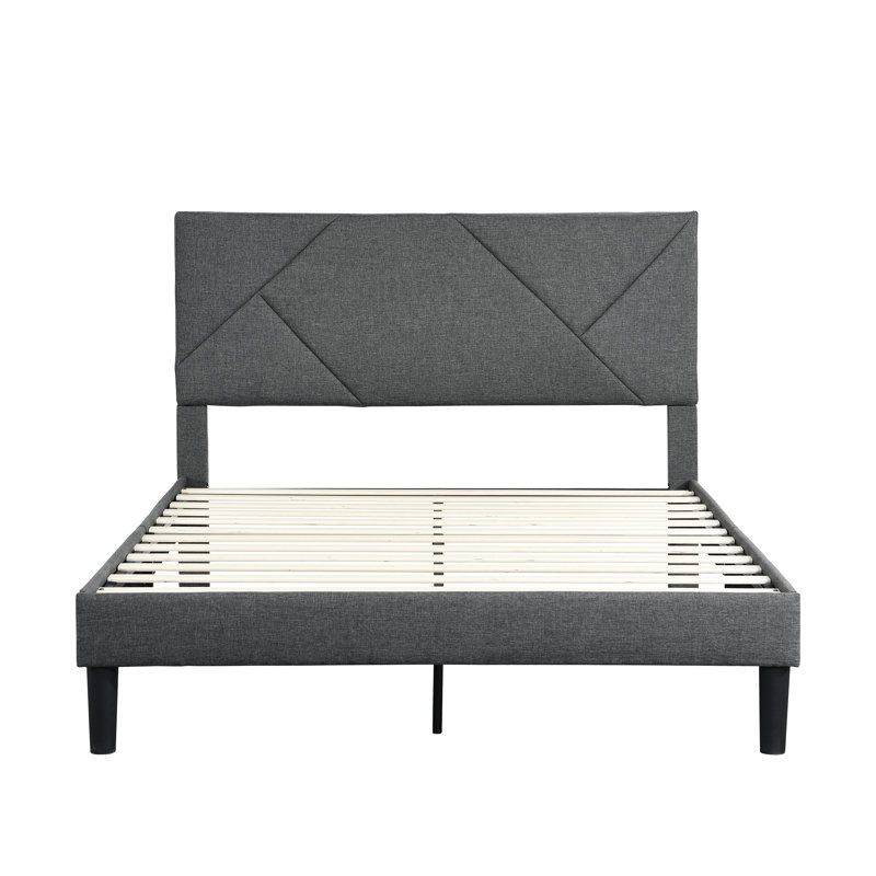 Lit double gris avec tête de lit tapissier, support de lattes en bois massif, sans sommier, cadre de plateforme facile à assembler, conception, lattes, limite de 500 lb