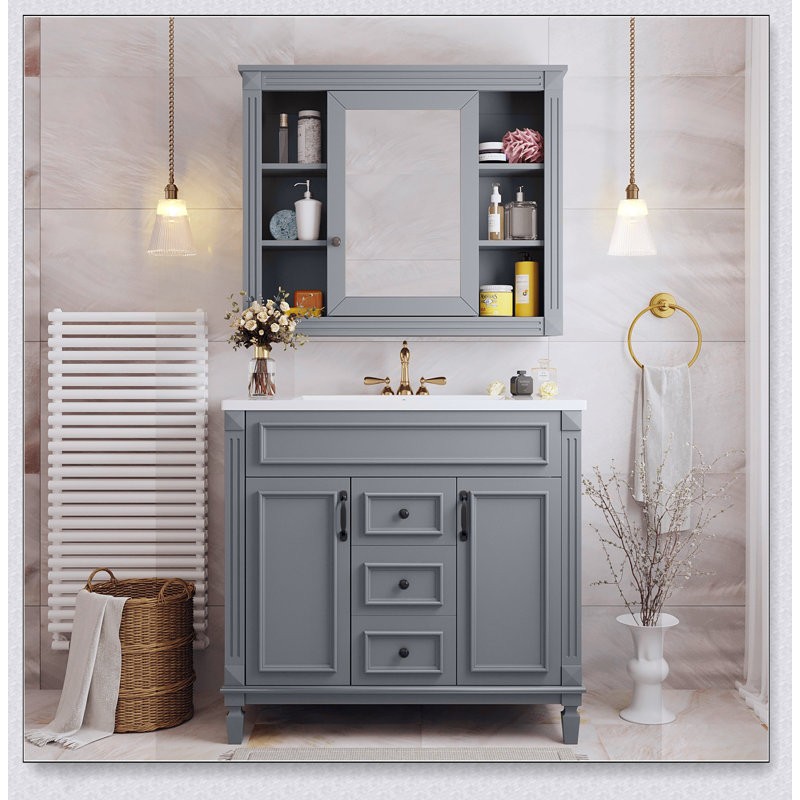 Meuble-lavabo moderne de 36 po avec lavabo supérieur, armoire à miroir et rangement spacieux, avec portes et tiroirs à fermeture en douceur pour une fonctionnalité accrue