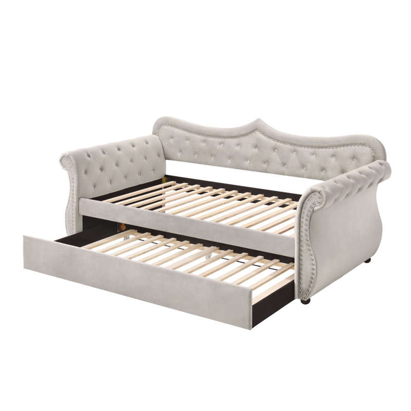Beige Twin Upholstered Sleigh Daybed with Trundle and Nailhead Trim
