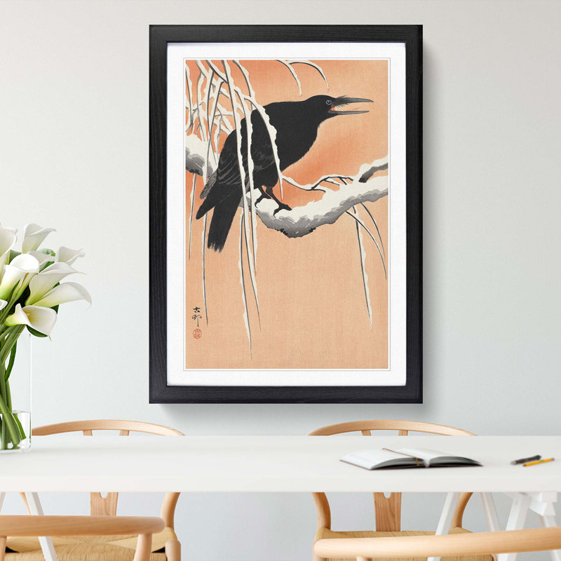 Crow on a Snowy Branch by Ohara Koson - Framed Print, 48cm H x 36cm W x 2cm D, Black Framed
