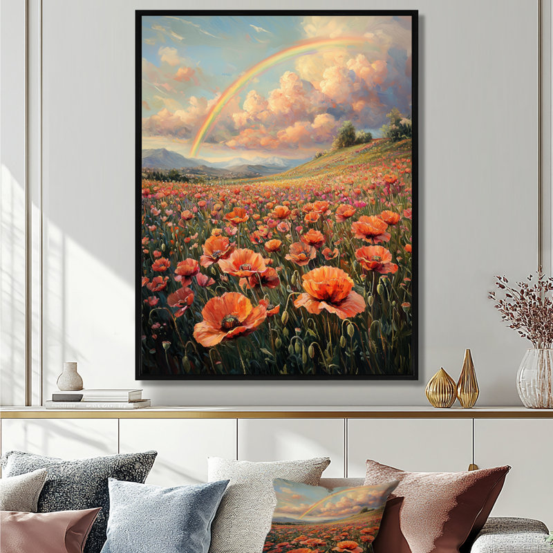 Rainbow Over The Poppy Fields I - Art mural arc-en-ciel, H 40 po x l 30 po, Impression encadrée sans passe-partout, Noir