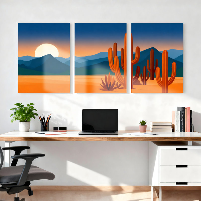 «Desert Landscape with Cactus and Mountain Sunset», reproduction d'art sur toile tendue sur toile, ensemble de 3