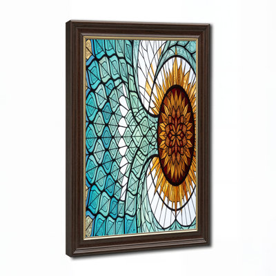 «Blue Teal Leaves» et art mural en verre coloré vitrail doré
