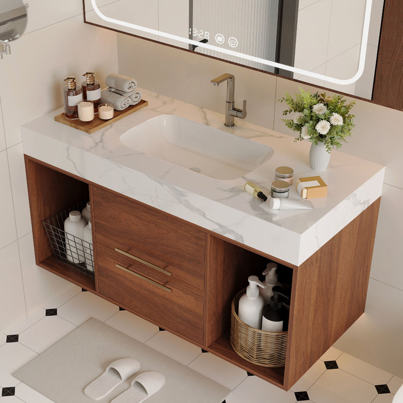 Meuble-lavabo flottant 39,4 po avec lavabo en céramique, 2 tiroirs à fermeture en douceur et plateau en ardoise