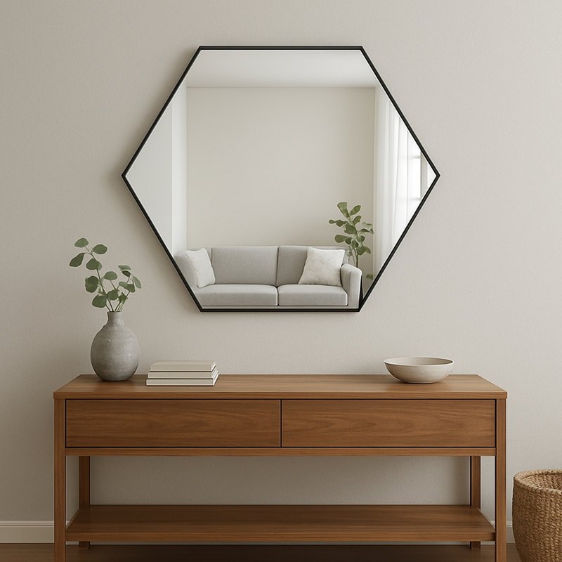 Modern Metal Framed Hexagon Wall Mirror, Matte Black, 30" x 24"