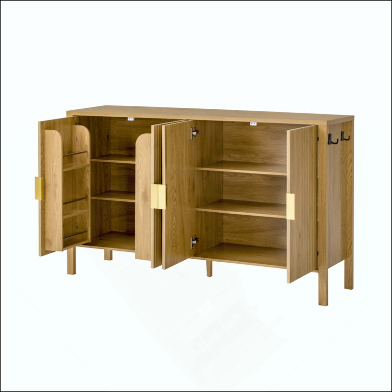 Modern Stripe Door Storage Cabinet, 4-Door Sideboard With Back-Of-Door Storage Racks & Side Hooks, Adjustable Shelves, MDF Cabinet With Aluminum Handles For Living Room, Dining Room