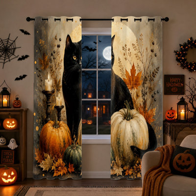 2 pièces rideaux occultants de citrouille de chat noir, rideaux obscurcissant d'automne d'automne, panneaux décoratifs pour le salon, la chambre et la décoration intérieure