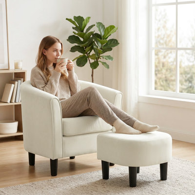 Chaise d'appoint avec repose-pieds et coussin à ressorts ensachés, blanc crème
