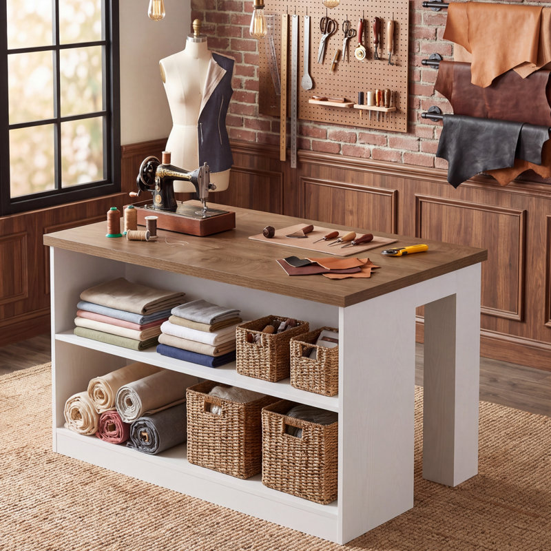 55.12" Sewing Table with Storage Shelves, Rustic Farmhouse Craft Table with Knee Space, Heavy-Duty Hobby Workstation for Home Studio