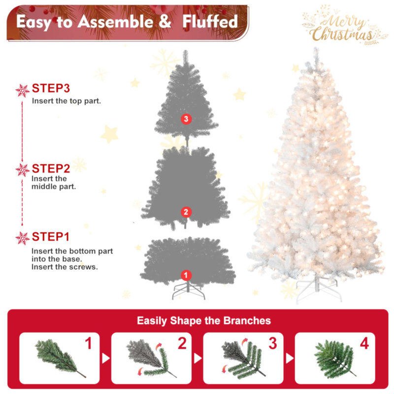 Arbre de Noël 7,5 pi avec 450 lumières chaudes, 1240 pointes, fil mémoire et support en métal stable, 90"