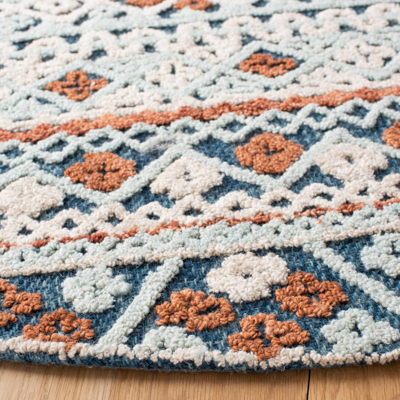 Hand Tufted Wool/Cotton Geometric Rug in Orange/Blue, Round 7'