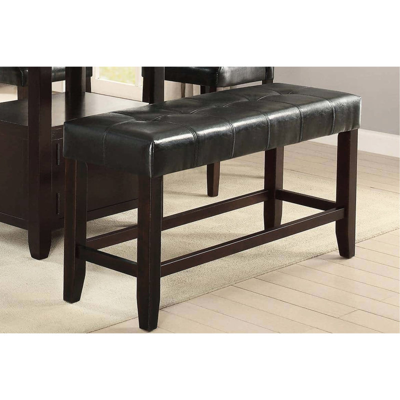 Modern Counter Height Bench - Black Faux Leather Cushioned Seat With Wooden Frame Dining Room Base, Brown