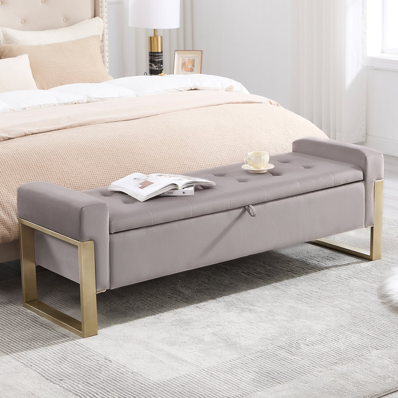 Bancs de rangement rembourrés à dessus rabattable avec pieds en métal, Gris clair