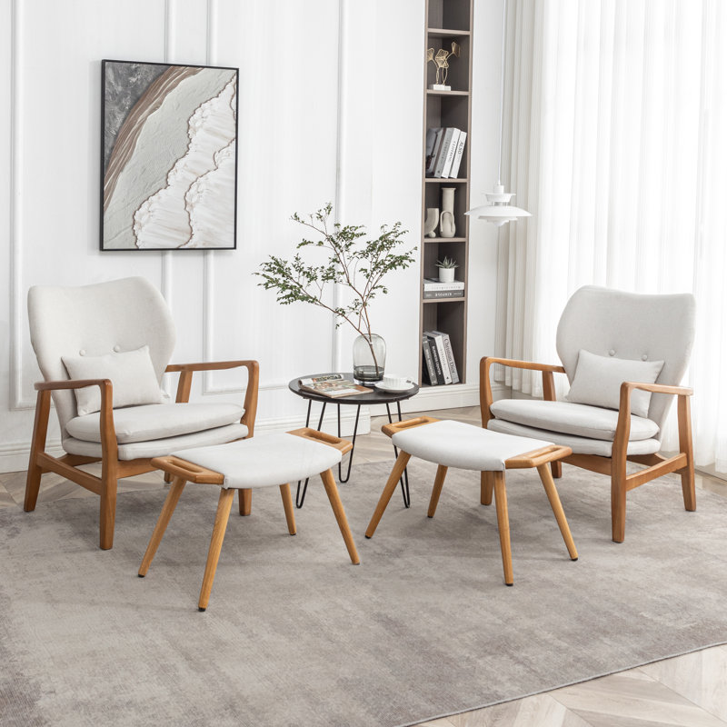 Koutsky Upholstered Accent Chair with Ottoman, Beige Linen Blend