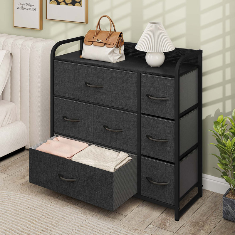 Eriska Steel Frame Chest of Drawers bedroom drawers with 7 Drawers & Wood Top, Black