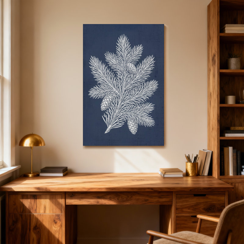 Plantes et fleurs, branche de pin argentée avec pommes de pin sur fond bleu marine, H 36 po x l 24 po