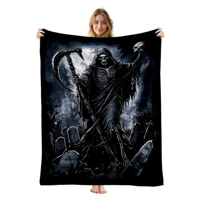 Jyk Halloween Flannel Fleece Throw Blanket, Lightweight, Breathable, Soft Cozy Warm Plush Microfiber, 40"x50",  Grim Reaper Graveyard