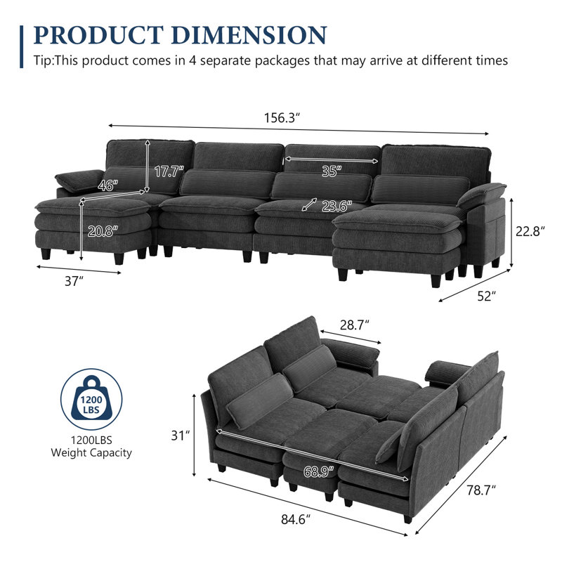 156"  U-Shaped Modern Modular Compressed Corduroy Fabric Sofa, Gray
