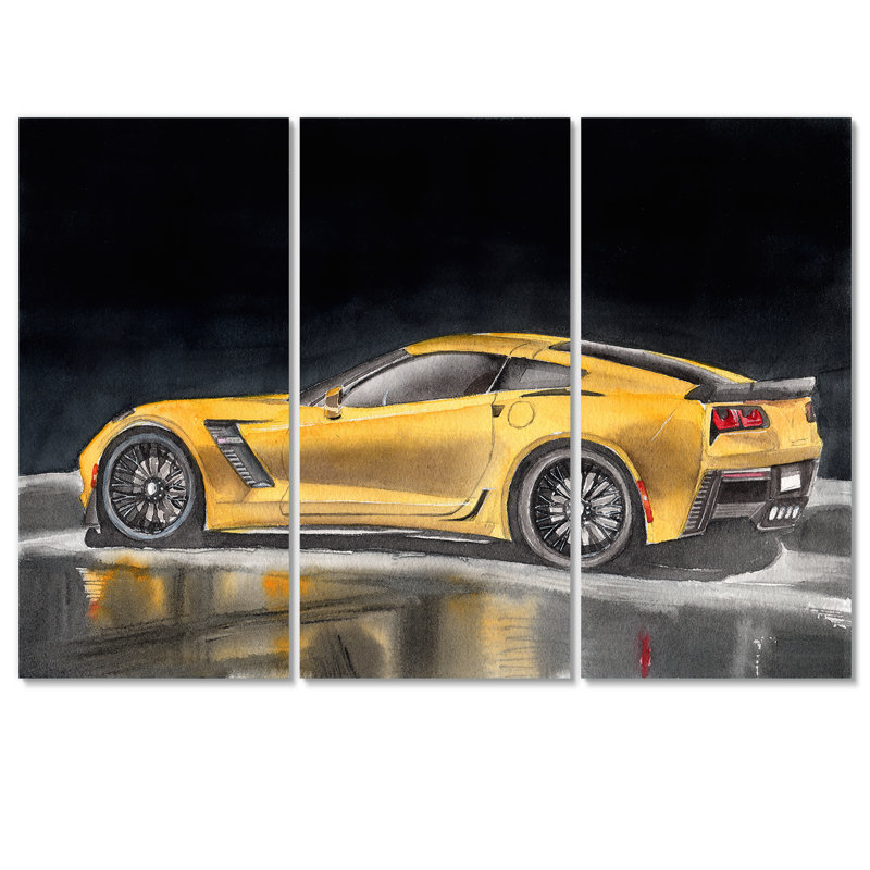 " A Yellow Sport Car With Its Shadow " 3 - Pieces Painting Print, 40" H x 60" W x 1" D