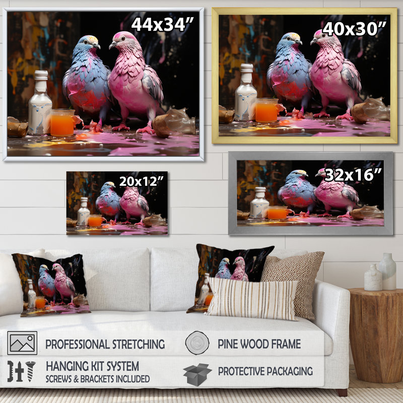 Gris et rose, pigeon sérénade II - art mural pigeon animal, Cadre de coin argenté fermé, H 16 po x l 32 po x P 1 po