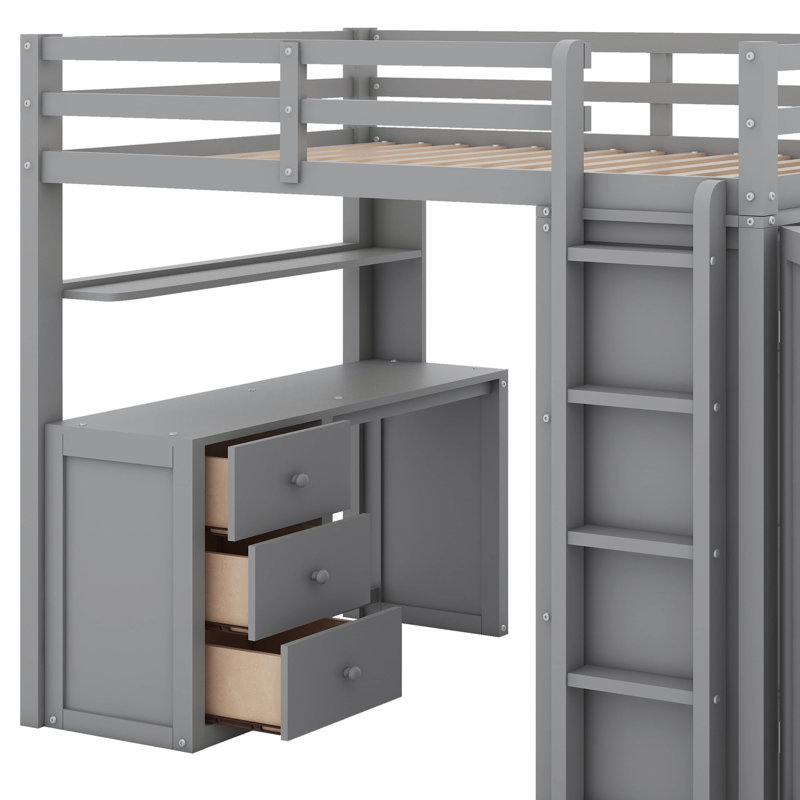 Full Loft Bed With Drawers,Desk And Wardrobe, Gray