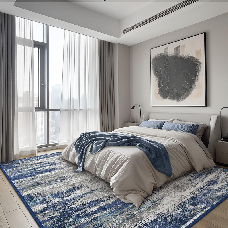 Abstract Modern Machine Washable Gray / Blue Indoor Area Rug with Non-Slip Backing, Rectangle 9' x 12'