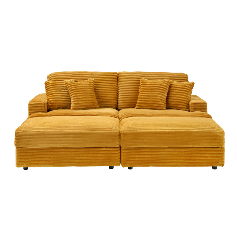 Canapé en velours côtelé de 82 po avec deux pieds de rangement et 4 coussins décoratifs, Orange