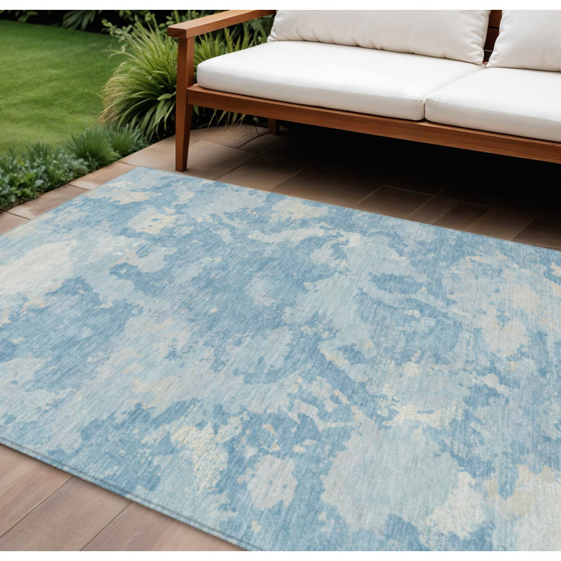 Tapis extérieur lavable abstrait bleu ciel et bleu denim 9 pi x 12 pi