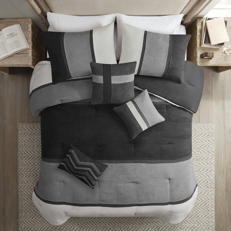 Édredon en faux suède - literie très grand noir Modern Home 2 coussins décoratifs et jupe de lit, Noir / blanc