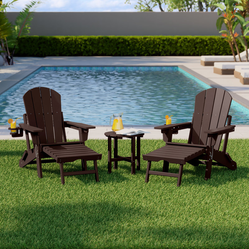 Chaise Adirondack d'extérieur réglable et pliante avec repose-pieds dissimulé et table d'appoint ronde, Marron foncé