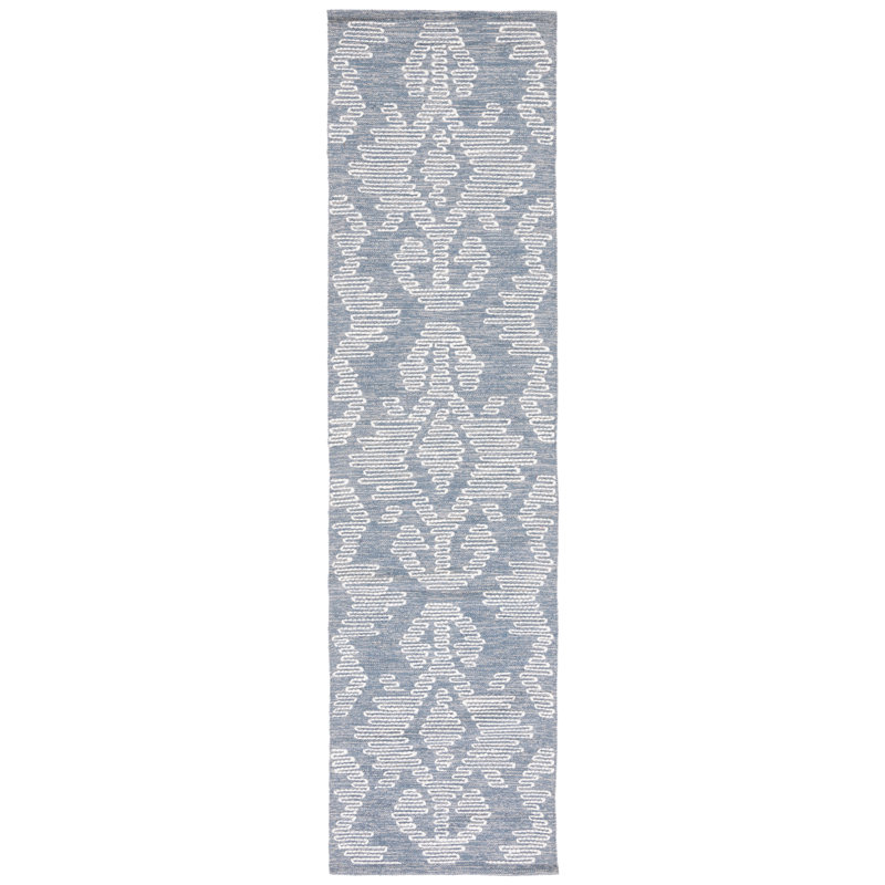 Alyun Hand Woven Cotton/Wool Southwestern Rug in Ivory/Blue, Runner 2'3" x 9'